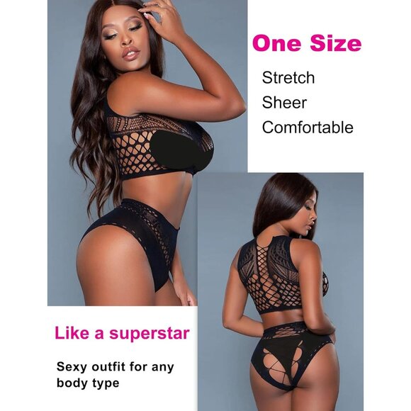 🆕Women Black Mesh Nylon Fishnet Bodysuit Long Sleeve Sexy See-Through Lingerie - Picture 3 of 5